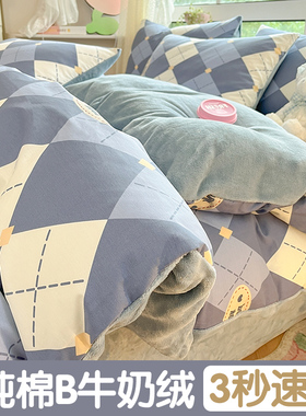 ab面纯棉牛奶绒被套单件冬季加绒床单珊瑚法兰绒面冬天被罩三件套