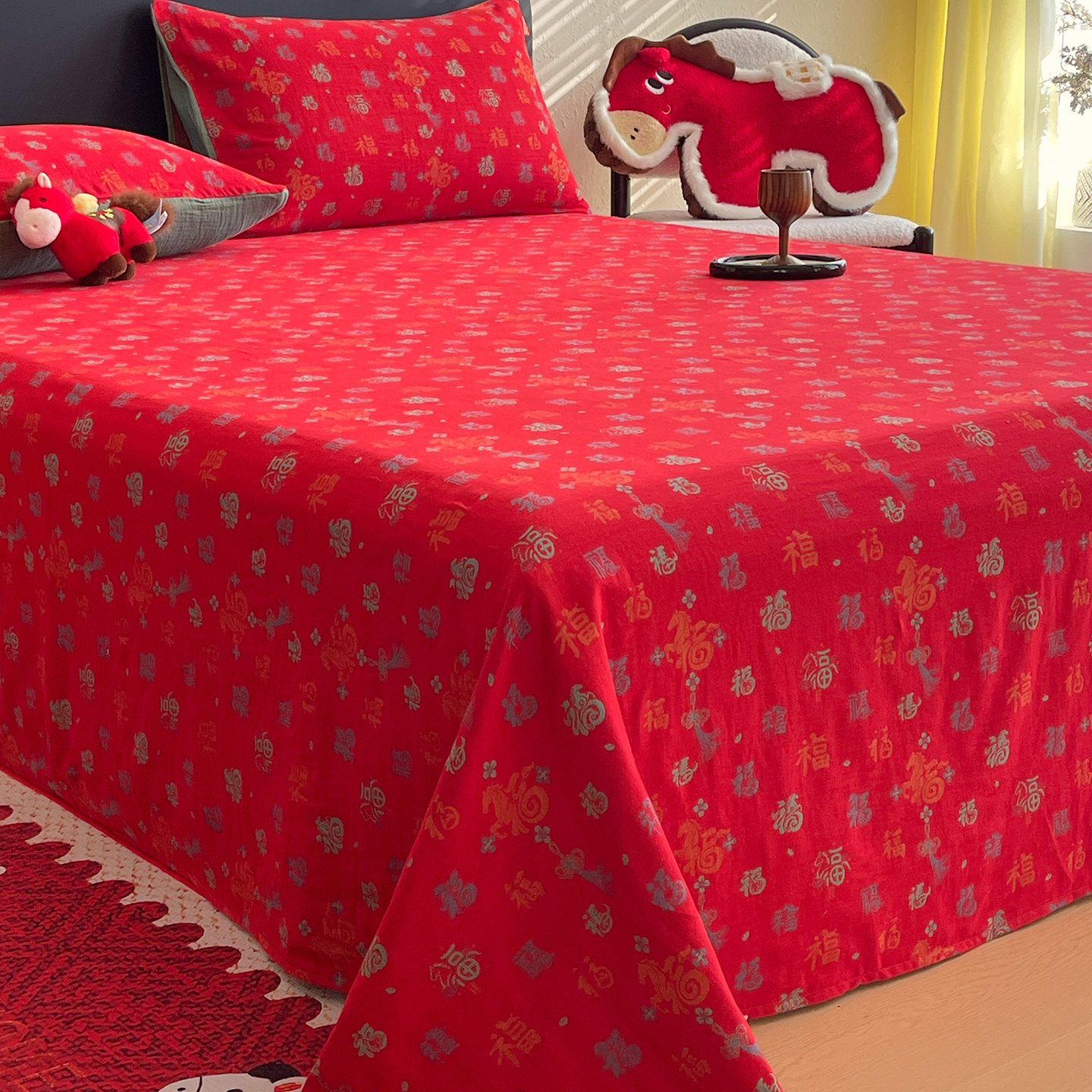 百福纯棉双层纱床单单件单人新年红色喜庆福字全棉被单床单三件套,床上用品,床单,淘宝优惠券,粉丝福利购,淘宝优惠卷
