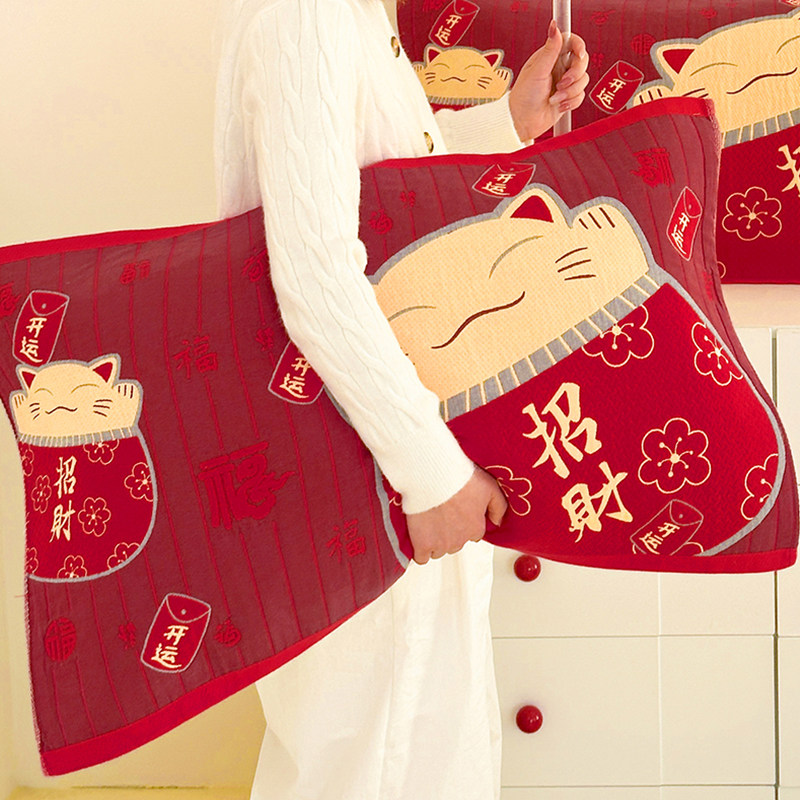 纯棉枕巾一对装高档全棉加厚枕头巾新年福字招财红色枕芯垫巾盖巾
