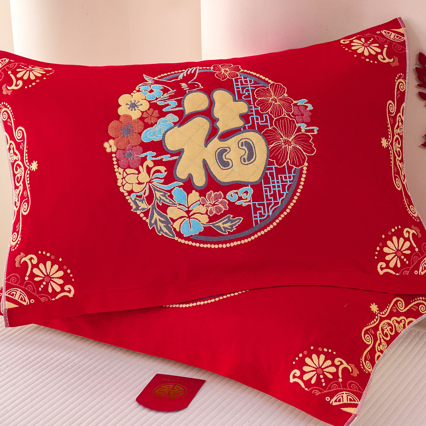 全棉百福枕巾福字枕头盖巾