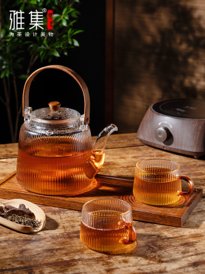 雅集茶具棱影提梁壶玻璃茶壶普洱茶黑茶1.3L大容量锤纹玻璃壶