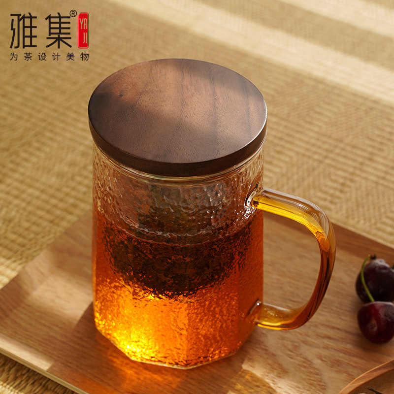 雅集茶具筑茗杯胡桃木盖复古玻璃杯耐高温泡茶杯家用办公水杯子