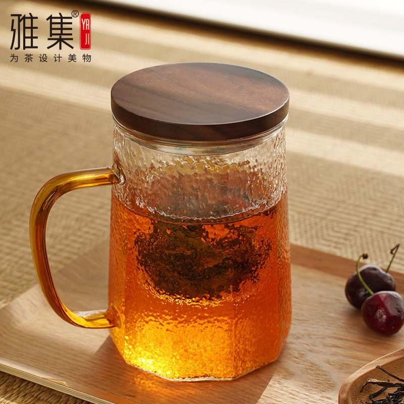 雅集茶具筑茗杯胡桃木盖复古玻璃杯耐高温泡茶杯家用办公水杯子,餐饮具,茶杯,淘宝优惠券,粉丝福利购,淘宝优惠卷