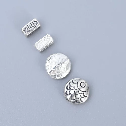 S925纯银扁圆方管小鱼隔珠 复古时尚穿孔散珠DIY手工串珠饰品配件