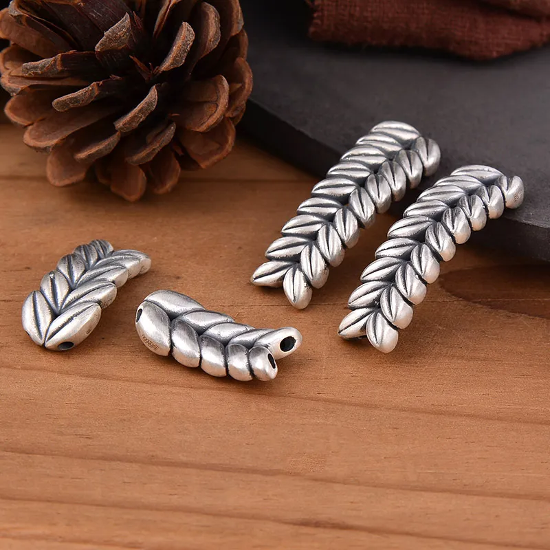 S999足银双孔麦穗弯管 3D硬银大麦穗穗平安DIY手工配件