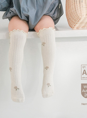 Nemobaby女宝宝高筒袜小碎花公主纯棉木耳边松口不勒腿过膝长筒袜
