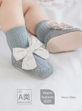 Nemobaby婴儿春秋季鞋袜蝴蝶结防滑不掉学步袜女宝宝纯棉中筒袜子