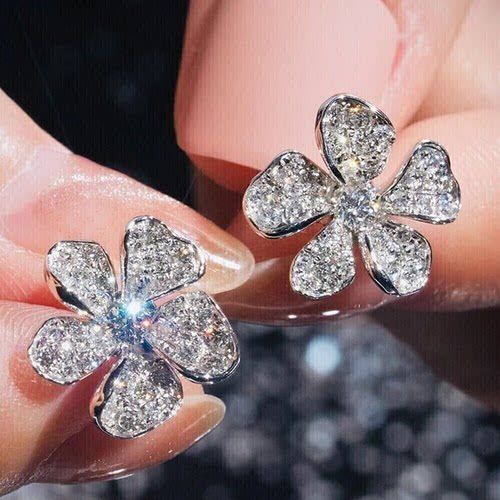 AA Cubic Zirconia Flower Stud Earrings for Women Silver