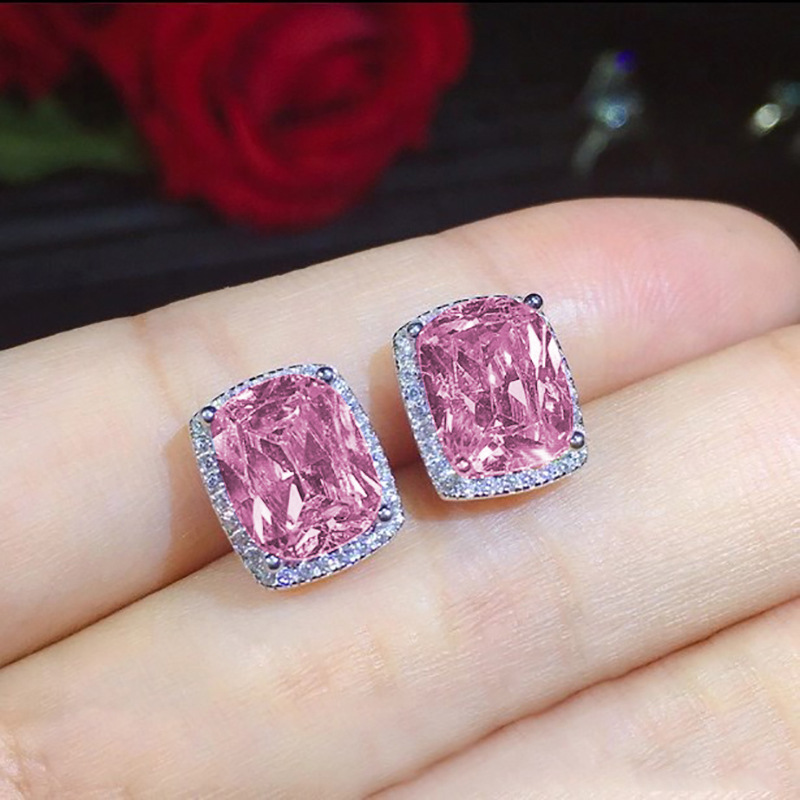 Square Earring Full Diamond Inlaid Pink Earring Jewelry