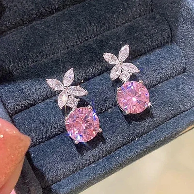 Exquisite Flower Dangle Earrings Pink Cubic Zirconia for
