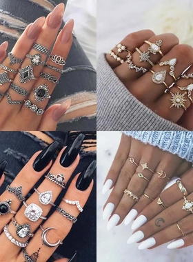 Vintage Boho Finger Rings Set Moon Snake Crystal Midi