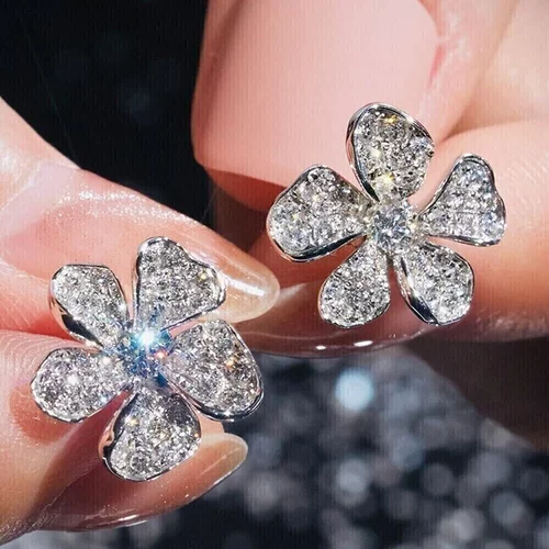 AA Cubic Zirconia Flower Stud Earrings for Women Silver