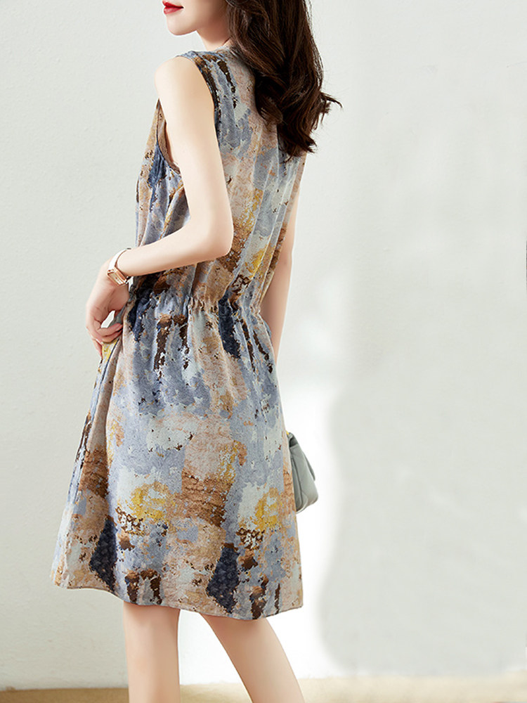 FRENCH LIGHT LUXURY HIGH-END MULBERRY SILK DRESS TEMPERAMENT WAIST CINCHING THINNESS OIL PAINTING PRINTED SILK SKIRT WOMENS SUMMER