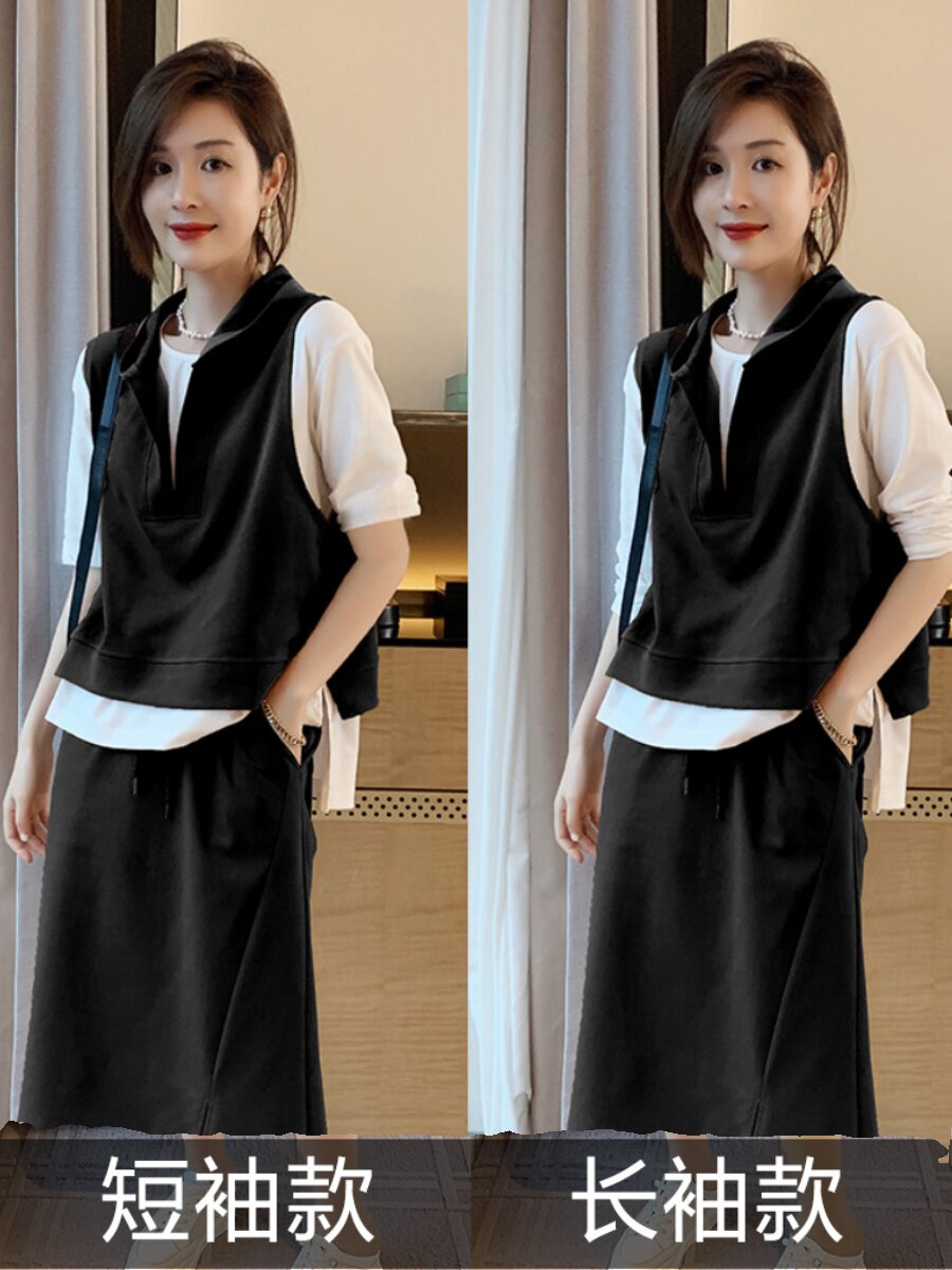 MAILLARD STYLE CASUAL FASHION SUIT SKIRT WOMENS 2024 AUTUMN NEW TEMPERAMENT AGE-REDUCING SHORT-SLEEVED SKIRT THREE-PIECE SET