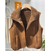 翻领毛休闲一体高级背心 时尚 巴恩风仿羊羔绒无袖 外套马甲女新款