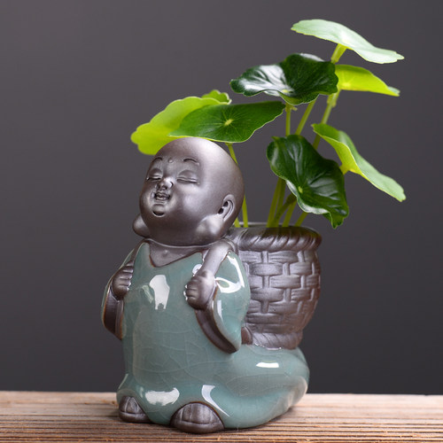 小和尚铜钱草容器花盆陶瓷送仿真