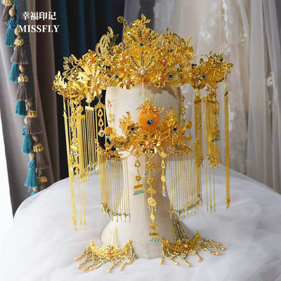 中式新娘婚礼秀禾服头饰汉服龙凤褂发饰奢华金色长流苏大凤冠后区