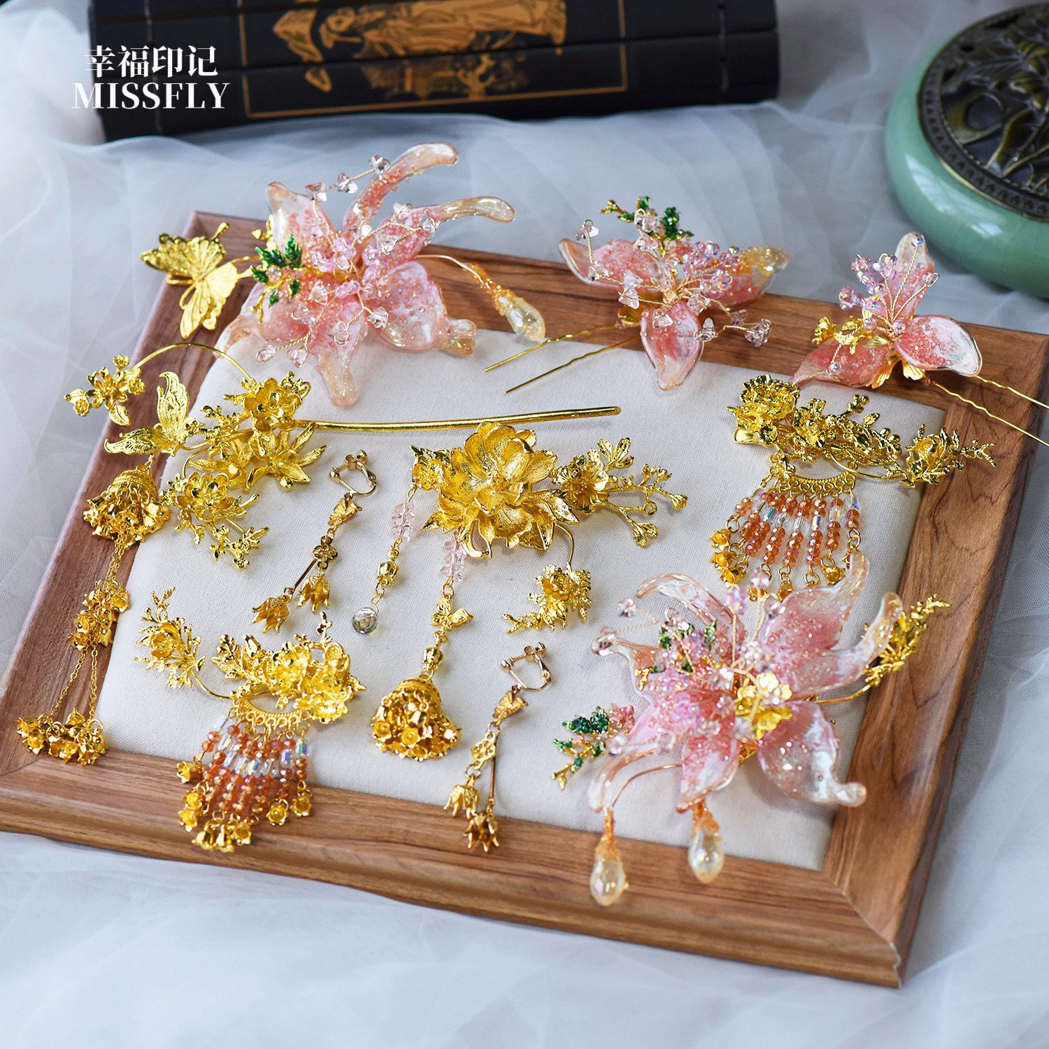 金粉色秀禾新娘头饰浅色小清新新中式旗袍晨袍南洋礼服减龄发饰