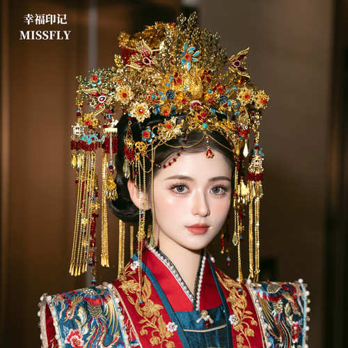 金色凤冠新娘头饰金红蓝秀禾汉服龙凤褂凤凰高端婚礼新中式发饰