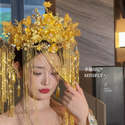金色奢华面帘花朵喜字遮面大凤冠中式汉服婚礼结婚秀禾龙凤褂头冠