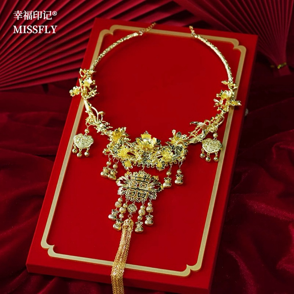 金色合金百锁喜字项圈新娘中式秀禾龙凤褂汉服马面裙配饰品项链
