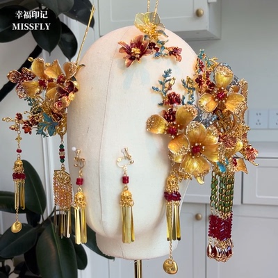 新娘新中式秀禾龙凤褂头饰金红蓝花朵分体套装发饰高级感减龄百搭