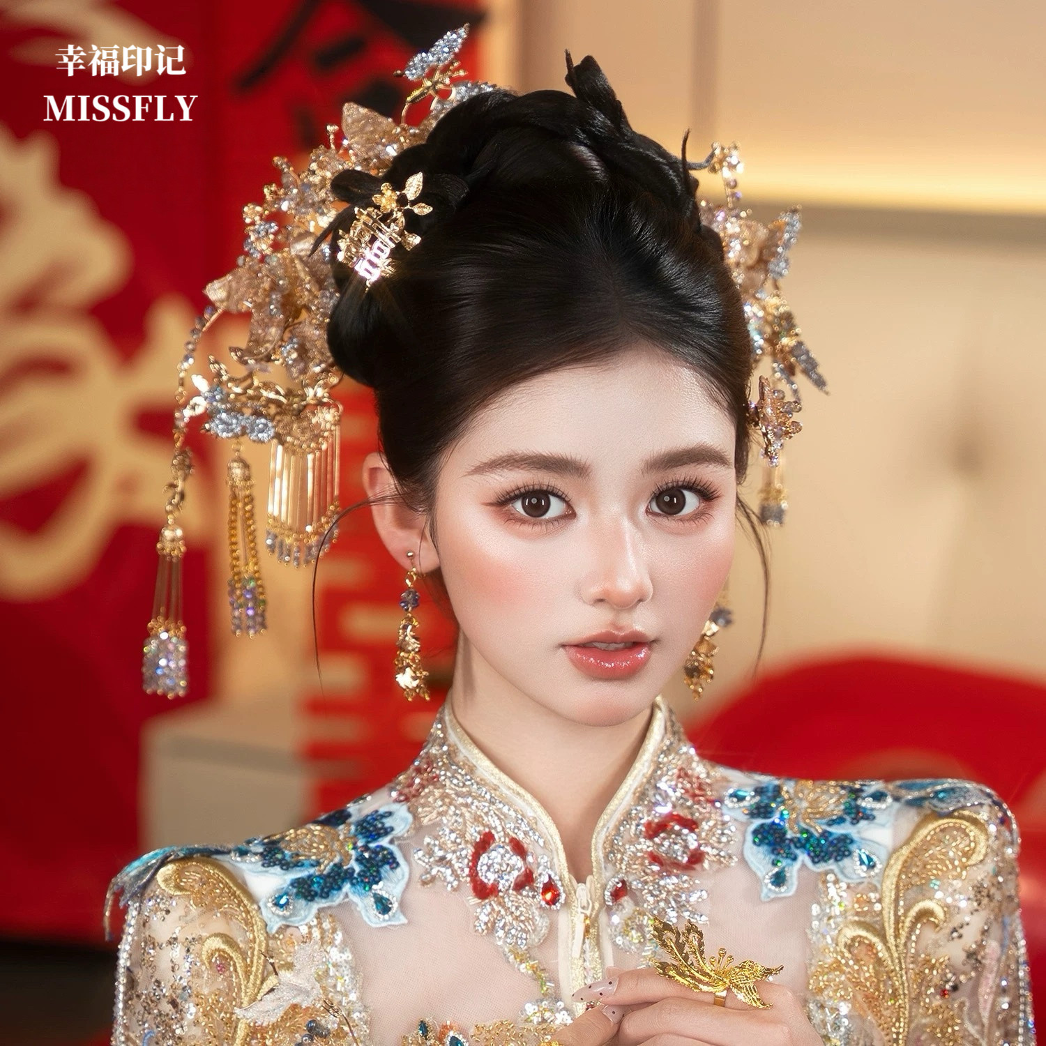 香槟金色新中式新娘秀禾头饰浅色晨袍百搭旗袍蝴蝶发饰高级感减龄