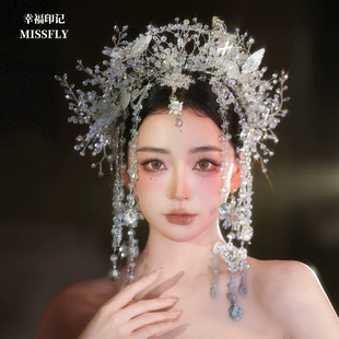 水晶皇冠手工婚礼奢华高级感新款套装花朵发箍额链王冠新娘头饰