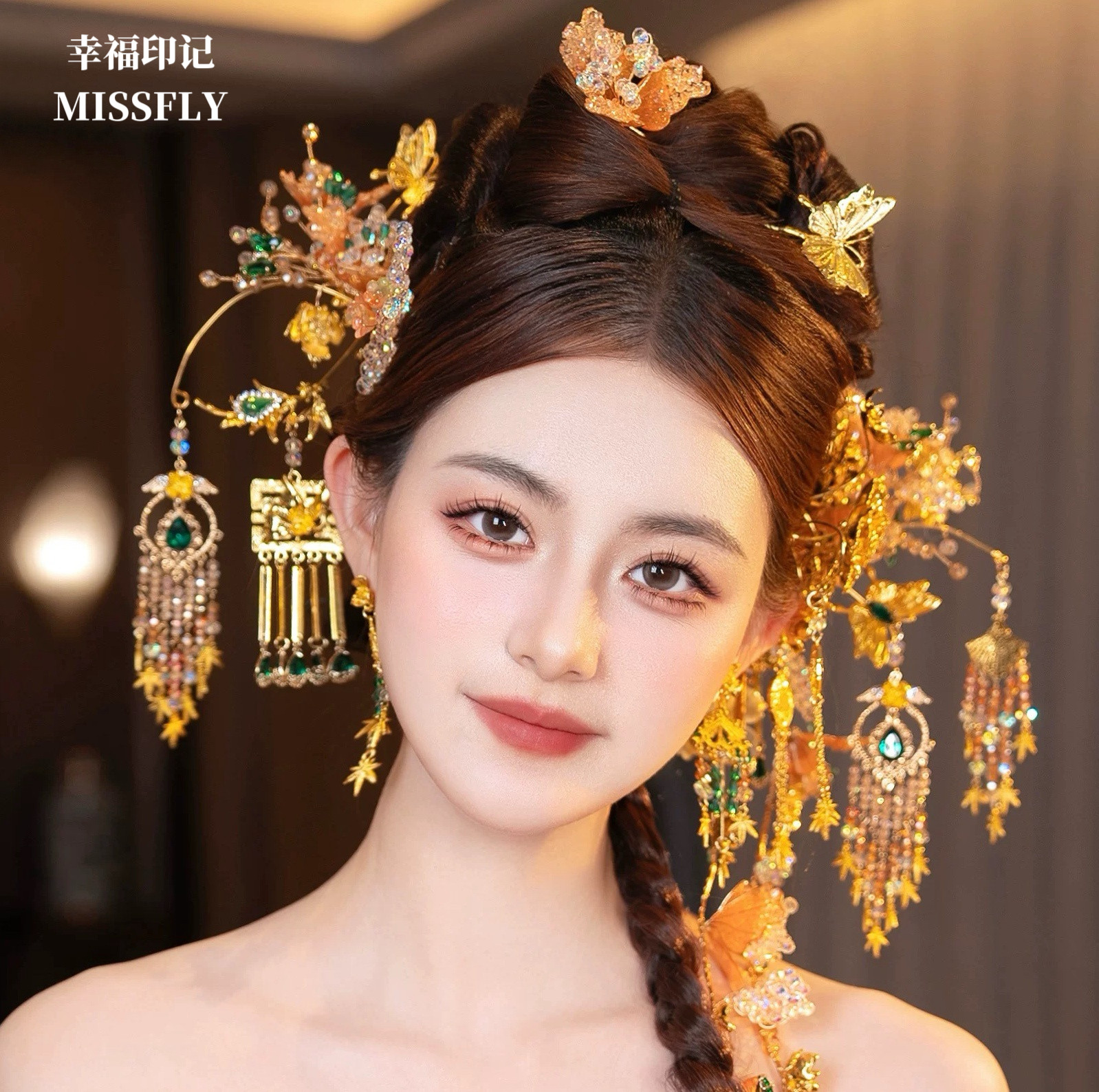 金色新中式新娘头饰手工串珠水凝胶花朵重工秀禾礼服晨袍汉服发饰