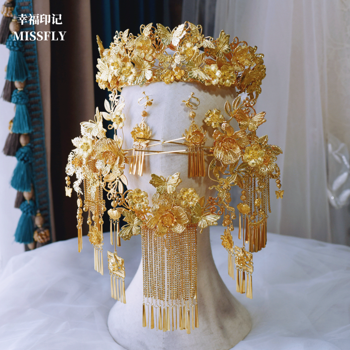 新娘龙凤褂头饰金色凤冠半冠对钗后区耳夹头饰套装秀禾汉服头冠