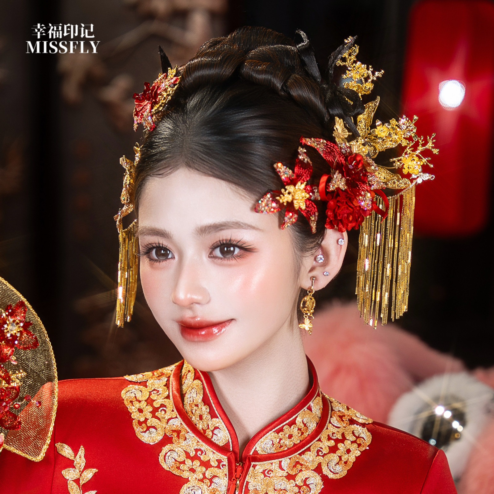 新娘头饰金红色缠花凤凰蝴蝶发钗秀禾旗袍龙凤褂马面裙减龄发饰