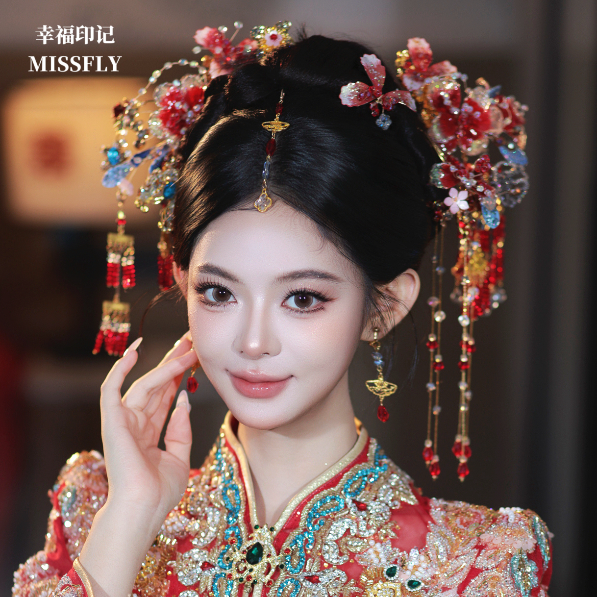 金红蓝秀禾头饰新中式重手工步摇水凝胶花朵水晶珠长流苏旗袍发饰