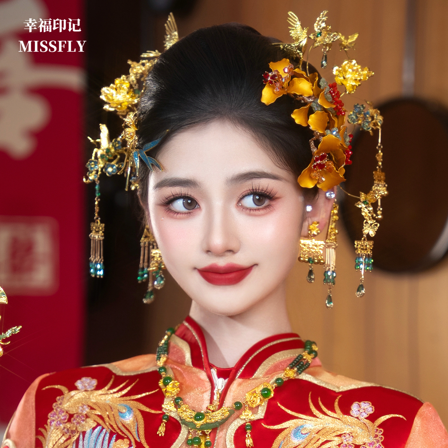 金色花朵飞鹤头饰新娘新中式秀禾龙凤褂结婚发饰高端高级重工大气