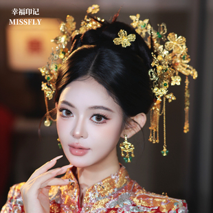 龙凤褂金色凤凰头饰绿珠子福袋新娘新中式发饰秀禾旗袍马面裙饰品