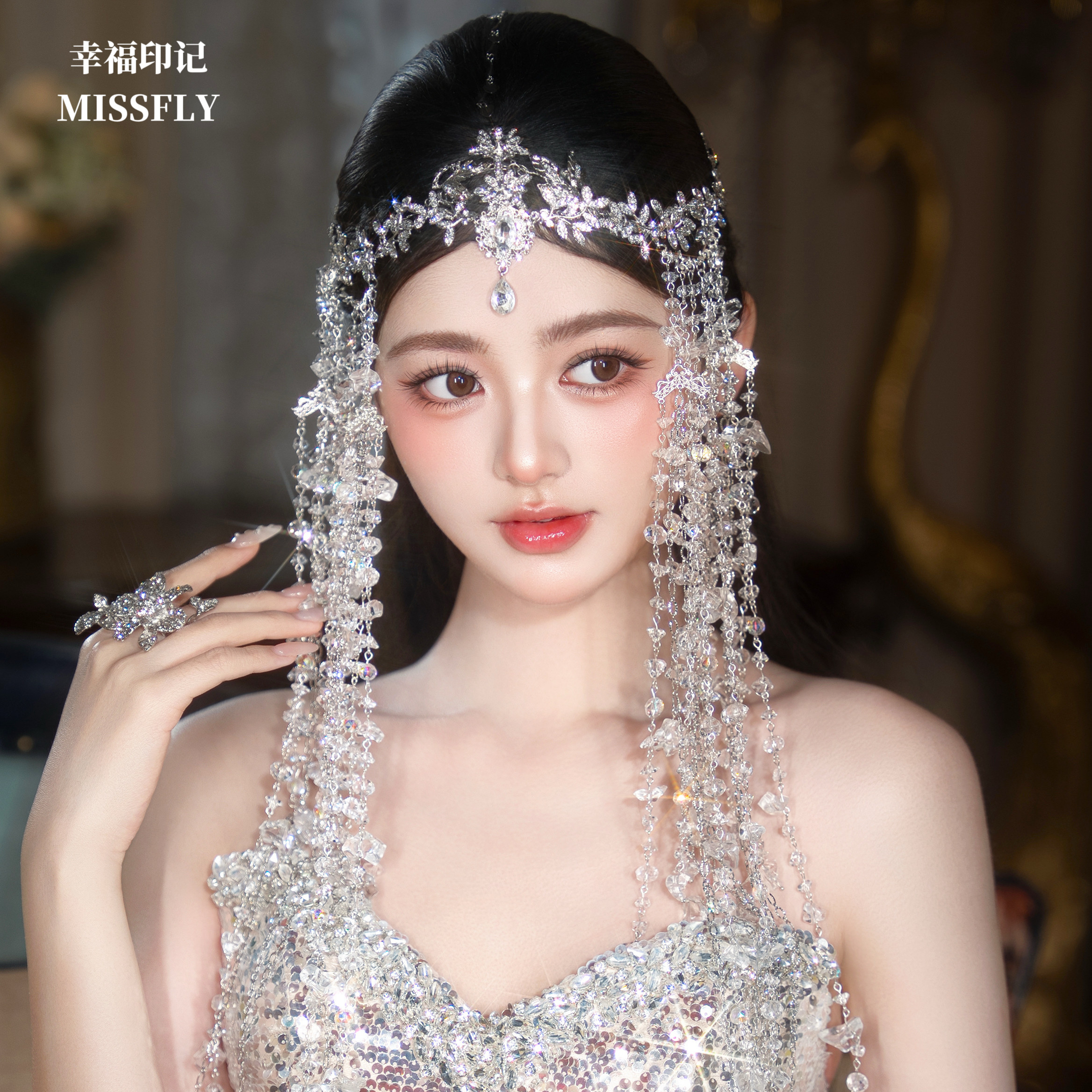 新娘头饰长流苏眉心坠波西米亚额链婚纱礼服发饰可以搭配皇冠使用