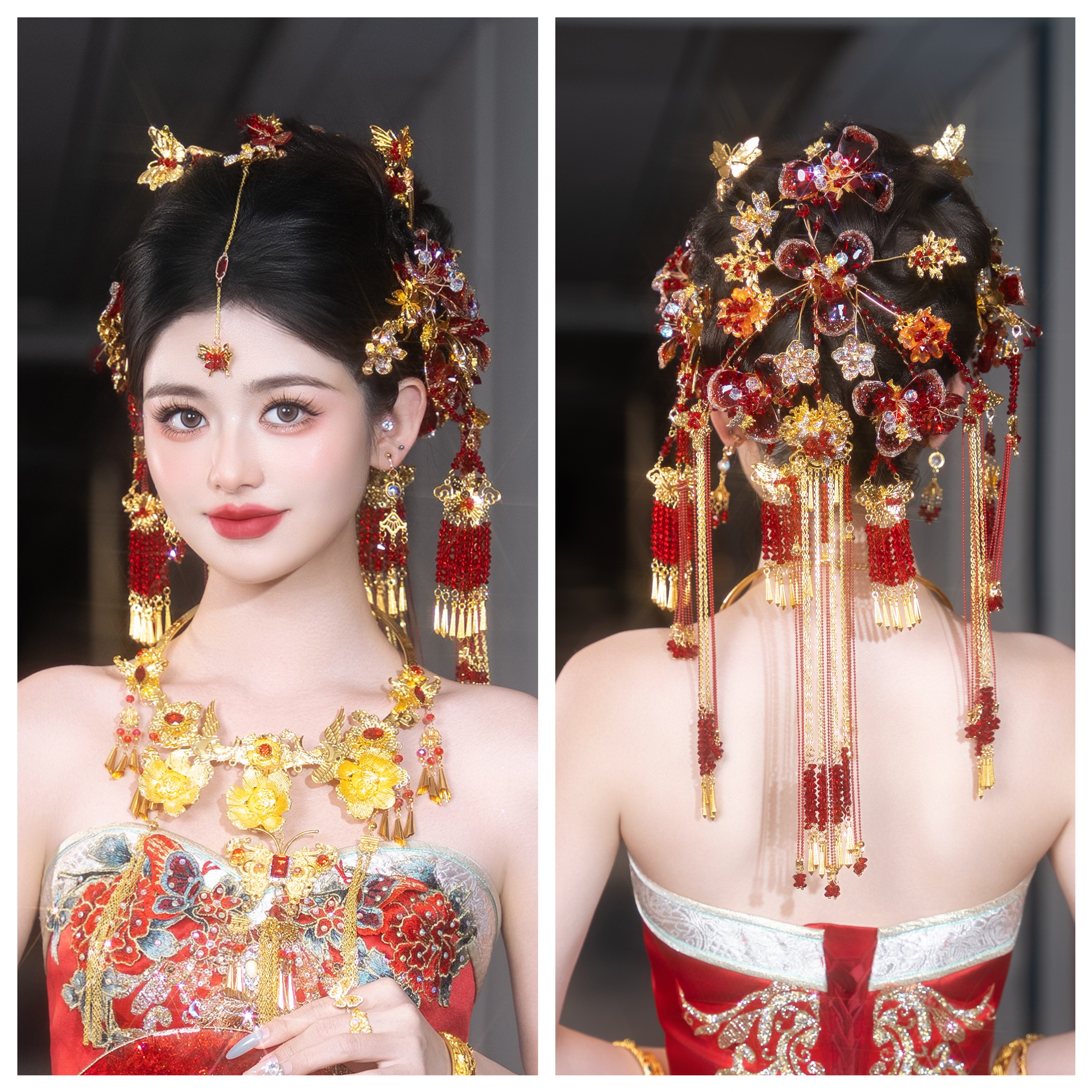 花朵后区金红色秀禾头饰新娘新中式奢华厚水凝胶重工高端款发饰