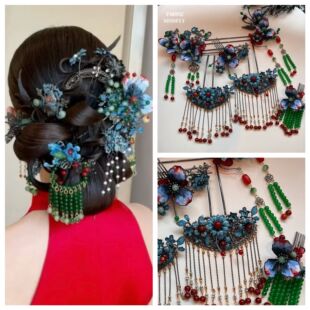 新娘汉服秀禾头饰复古色新中式宫廷蓝色花朵红绿珠黑枪色步摇高端