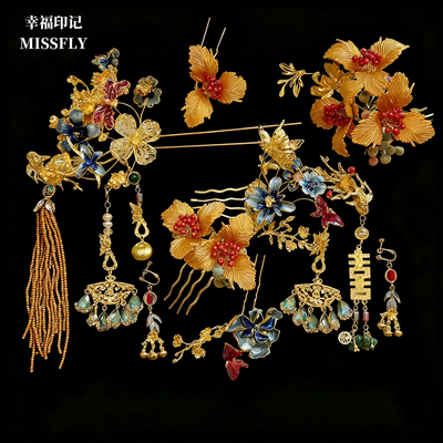 金色花朵蓝色发簪头饰新娘新中式婚礼红色秀禾旗袍晨袍龙凤褂发饰