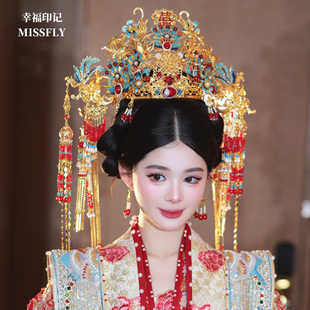 汉服凤冠金红蓝色新娘蓝色凤凰发冠整环全冠头饰秀禾发饰显脸小