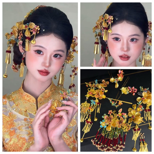 新娘新中式秀禾龙凤褂头饰金红蓝花朵分体套装发饰高级感减龄百搭