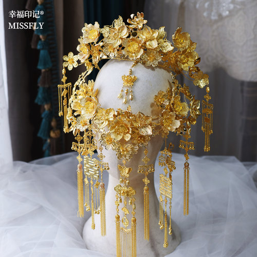 金色眉心坠凤冠中式新娘婚礼花朵发冠龙凤褂秀禾服礼服配饰汉服冠
