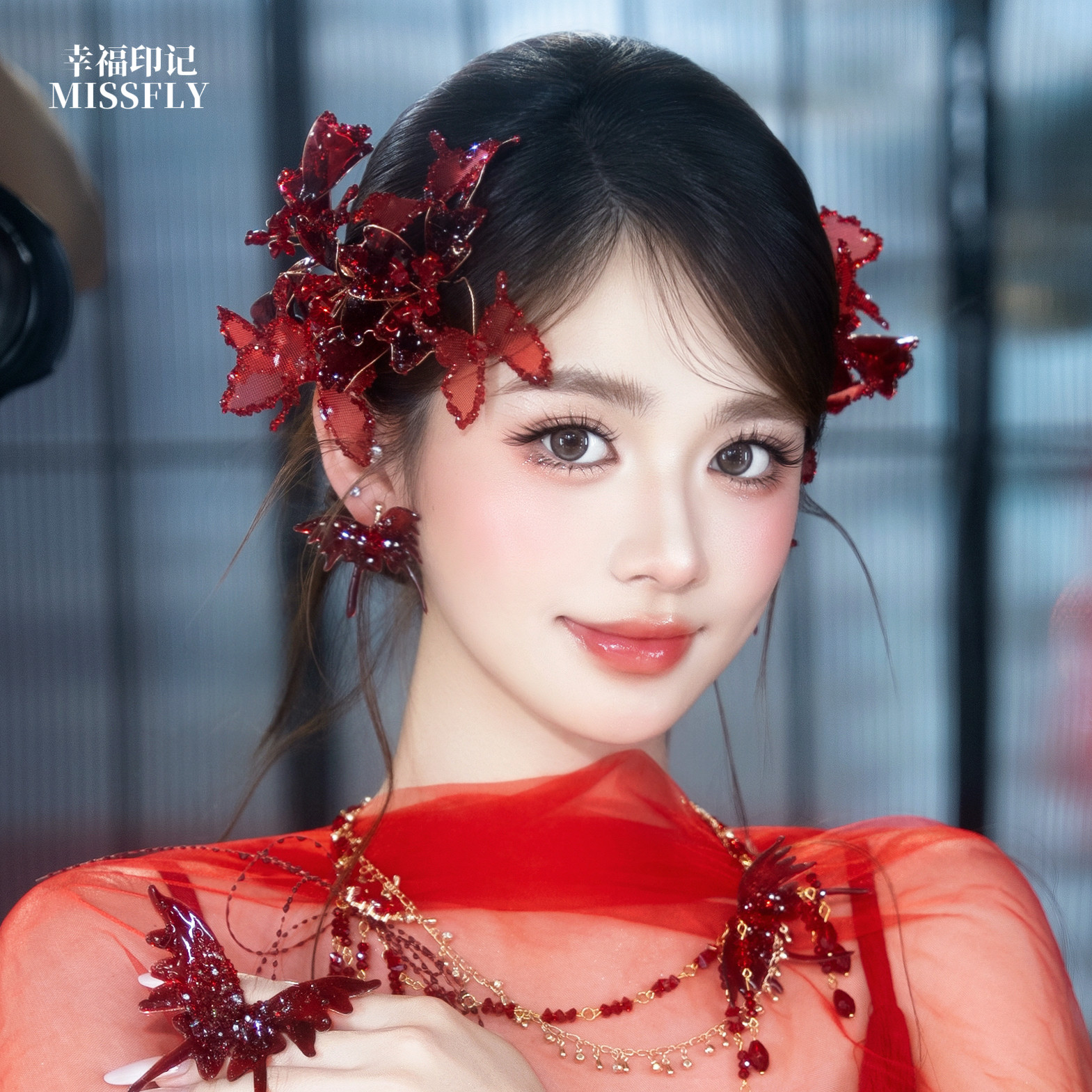 韩式新娘红色蝴蝶对夹发夹头饰发饰礼服婚礼结婚订婚减龄超仙灵动