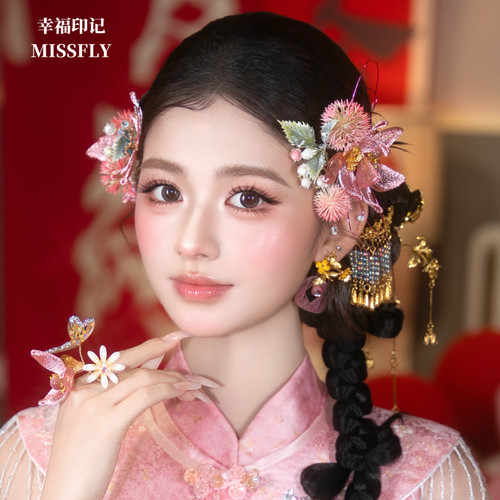 新中式新娘头饰金粉色秀禾服龙凤褂晨袍旗袍古风蝴蝶发饰发簪森系