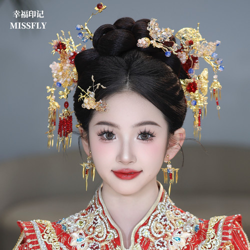 新中式新娘金红蓝紫秀禾头饰古装发饰旗袍龙凤褂汉服马面裙减龄