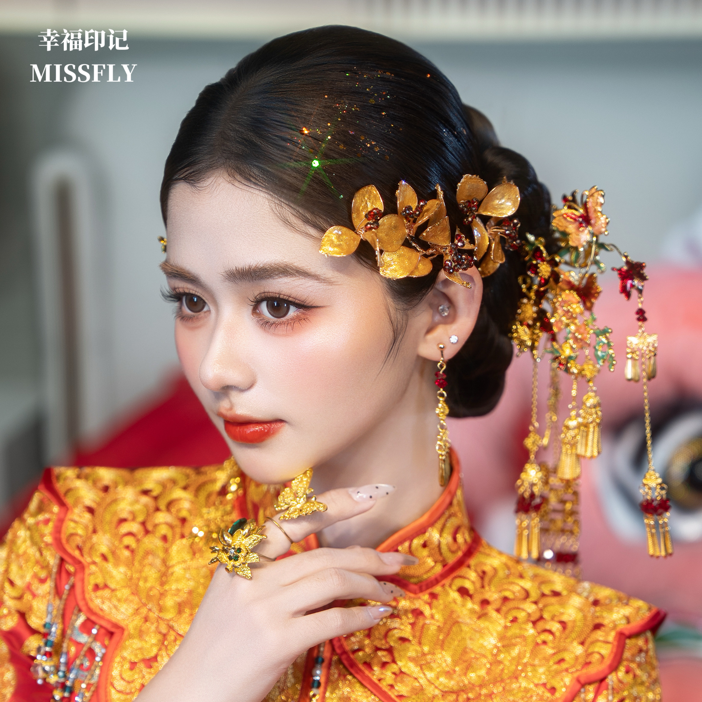 新娘新中式婚礼秀禾旗袍龙凤褂晨袍头饰凤凰花朵喜字高级感发饰