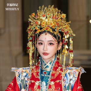 金色凤冠新娘头饰金红蓝秀禾汉服龙凤褂凤凰高端婚礼新中式发饰