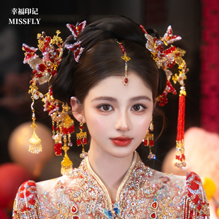 新娘秀禾金红绿头饰新中式厚水凝胶重工花朵蝴蝶旗袍汉服古风发饰