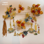 金色花朵蓝色发簪头饰新娘新中式 婚礼红色秀禾旗袍晨袍龙凤褂发饰