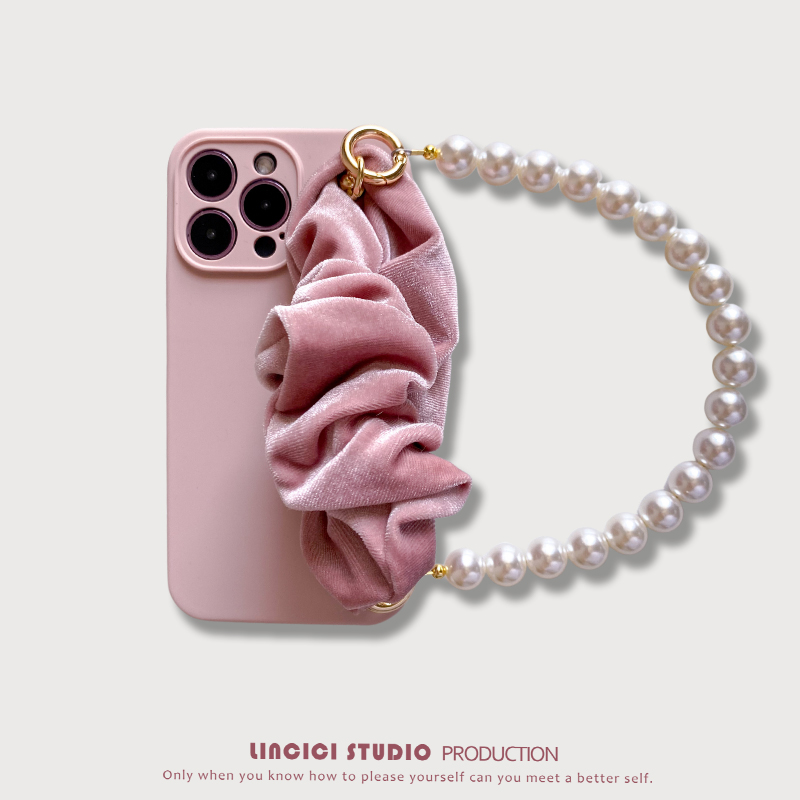 秋冬粉色优雅丝绒珍珠手链手机壳