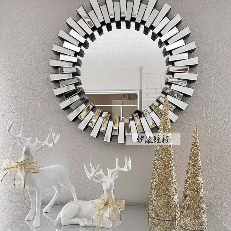 简美式装饰壁挂镜子壁炉镜卫生间镜玄关餐厅圆形轻奢太阳玻璃拼镜